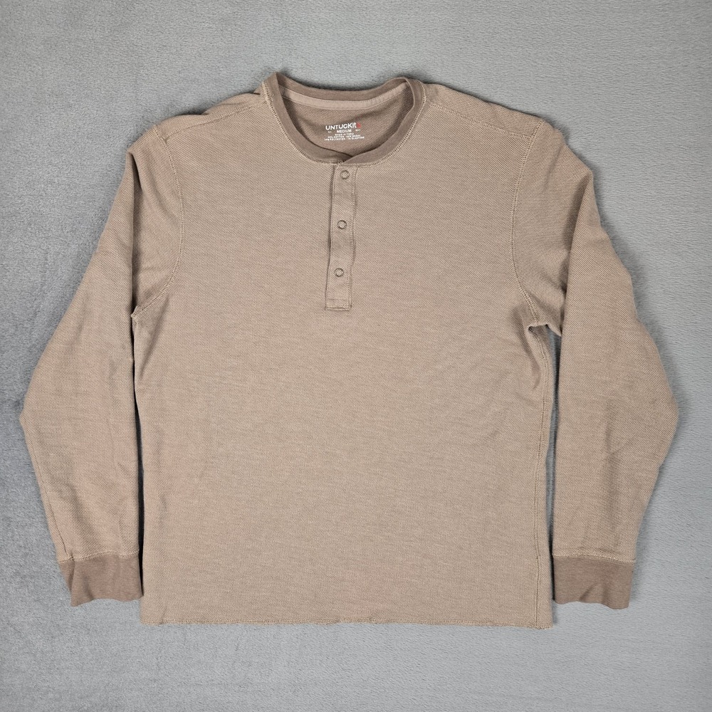 UNTUCKit Shirt Mens Medium Textured Schrock Long Sleeve Henley Tan Button